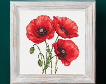 Beautiful Red Poppies Cross Stitch Pattern PDF Download Printable Red Poppy Cross Stitch Patterns Red Flowers Floral Patterns Minimalism