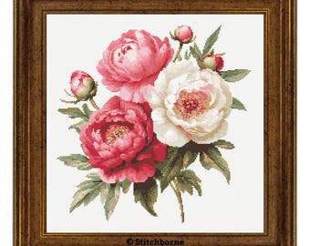 Peonies Cross Stitch Pattern PDF Download Printable Pink Flowers Romantic Vintage Embroidery Peonies Spring Flowers Xstitch Pattern Keeper