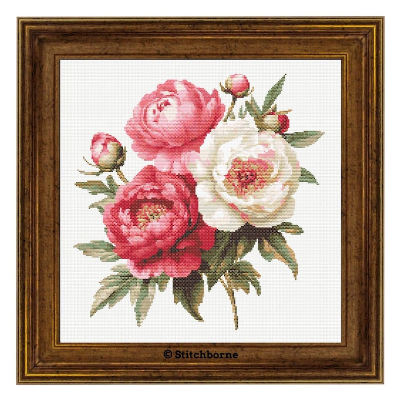 Peonies Cross Stitch Pattern PDF Download Printable Pink Flowers Romantic Vintage Embroidery Peonies Spring Flowers Xstitch Pattern Keeper image 1
