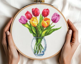 Tulips in Vase Cross Stitch Pattern PDF Download Printable Tulips Cross Stitch Patterns Spring Flowers Cross Stitch Patterns Floral Pattern