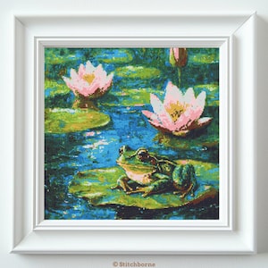 Frog on Lily Pad Cross Stitch Pattern PDF Download Printable Frog in Pond Cross Stitch Patterns Vintage Embroidery Xstitch Pattern Keeper