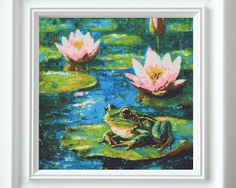 Kikker op waterlelie kruissteekpatroon pdf-download Afdrukbare kikker in vijver kruissteekpatronen Vintage borduurwerk Xstitch Pattern Keeper