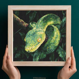 May include: A framed cross-stitch art piece featuring a green snake coiled around a branch, set against a dark background of leaves. The snake has yellow eyes and a textured appearance. The frame is light-colored wood. The text "© Stitchborne" is at the bottom.