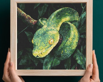 Green Tree Python Cross Stitch Pattern PDF Download Printable Snakes Reptile Embroidery Snake on Tree Branch Snake Cross Stitch Pattern