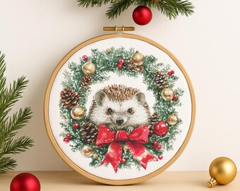 Hedgehog in Christmas Wreath Cross Stitch Pattern, Christmas Woodland Animals, PDF Digital Download