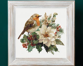 Christmas Robin Cross Stitch Pattern PDF Download Printable Robin and Poinsettia Cross Stitch Pattern Christmas Animals Cross Stitch Pattern