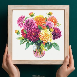 Beautiful Dahlias in Vase Cross Stitch Pattern PDF Download Printable Colorful Summer Floral Embroidery Dahlia Flowers Cross Stitch Patterns