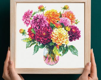 Beautiful Dahlias in Vase Cross Stitch Pattern PDF Download Printable Colorful Summer Floral Embroidery Dahlia Flowers Cross Stitch Patterns