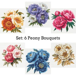 6 Peony Bouquets Cross Stitch Patterns PDF Download Printable Vintage Peonies Embroidery Peonies Cross Stitch Patterns Beautiful Flowers