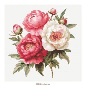 Peonies Cross Stitch Pattern PDF Download Printable Pink Flowers Romantic Vintage Embroidery Peonies Spring Flowers Xstitch Pattern Keeper image 4