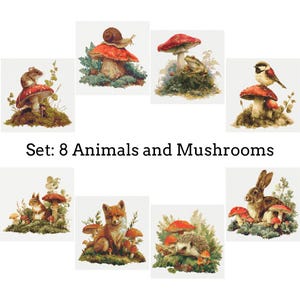 May include: A set of eight cross-stitch designs featuring woodland animals and mushrooms. The designs include a mouse, snail, frog, bird, squirrel, fox, hedgehog, and rabbit, each paired with a red-capped mushroom. The text "Set: 8 Animals and Mushrooms" is displayed.