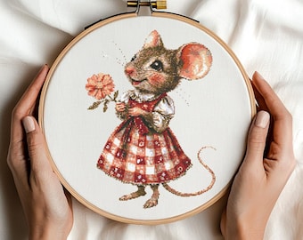 Topolino in abito con motivo a punto croce floreale PDF Scaricabile Schemi a punto croce stampabili per topi carini Divertenti motivi floreali vintage per topi Xstitch