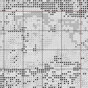 May include: A detailed cross-stitch pattern chart with a grid of black and white symbols. The design features various shapes, including letters, hearts, stars, and geometric figures, creating a complex and intricate pattern. Ideal for needlepoint enthusiasts.