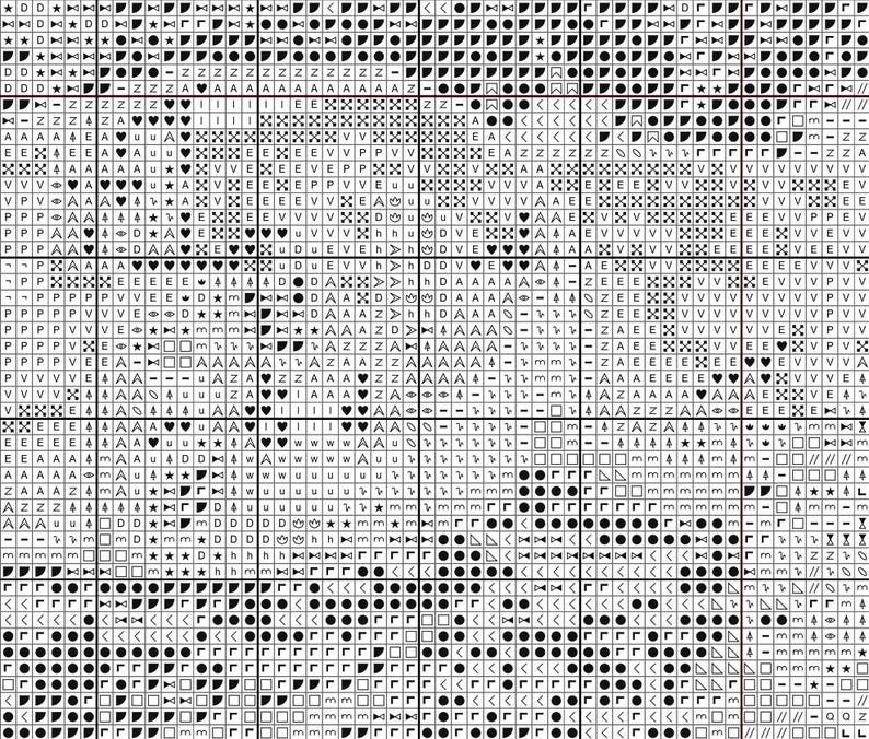 May include: A detailed cross-stitch pattern chart with a grid of black and white symbols. The design features various shapes, including letters, hearts, stars, and geometric figures, creating a complex and intricate pattern. Ideal for needlepoint enthusiasts.