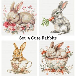 4 Cute Rabbits Cross Stitch Pattern PDF Download Printable Vintage Animals Bunnies Embroidery Bunny Cute Rabbit Cross Stitch Pattern Keeper