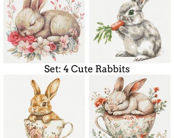 4 Cute Rabbits Cross Stitch Patterns PDF Download Printable Vintage Animals Bunnies Embroidery Bunny Cute Rabbit Cross Stitch Pattern Keeper