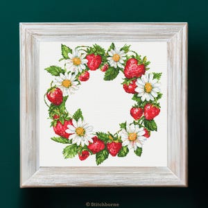 Strawberries and Daisies Wreath Cross Stitch Pattern PDF Download Printable Vintage Fruits Flowers Fruit Floral Wreath Cross Stitch Pattern