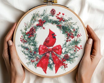 クロスステッチ【完成品】クリスマスリース鳥と松ぼっくり クロスステッチ【完成品】クリスマスリース鳥と松ぼっくり