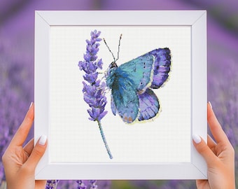 Butterfly on Lavender Cross Stitch Pattern PDF Download Printable Lavender Vintage Floral Summer Embroidery Butterfly Cross Stitch Patterns