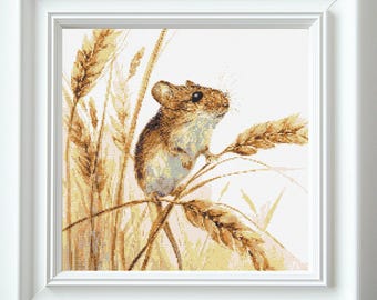 Field Mouse in Wheat Cross Stitch Pattern PDF Download Printable Field Mouse Cross Stitch Patterns Vintage Embroidery Xstitch Pattern Keeper