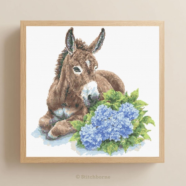 Donkey and Hydrangea Cross Stitch Pattern, Blue Hydrangea, PDF Digital Download