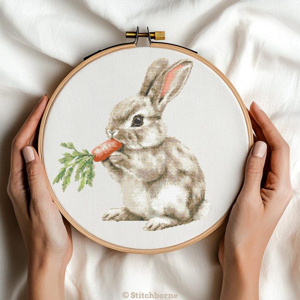 Cute Rabbit Cross Stitch Pattern PDF Download Printable Fluffy Easter Bunny Cross Stitch Pattern Rabbit Eating a Carrot Cross Stitch Pattern