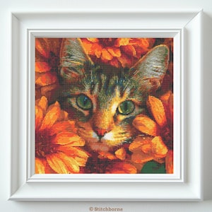 Cat in Orange Flowers Cross Stitch Pattern PDF Download Printable Kitten Vintage Embroidery Cats Cross Stitch Patterns Cute Cat in Flowers