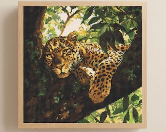 Leopard in Tree Cross Stitch Pattern PDF Download Printable Predator Cat Embroidery Wildlife Cross Stitch Patterns Leopard Cross Stitch
