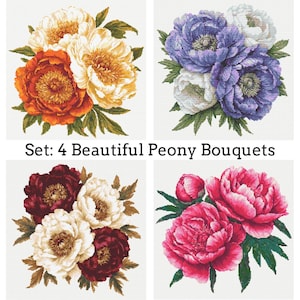 4 Beautiful Peony Bouquets Cross Stitch Patterns PDF Download Printable Flowers Vintage Peony Peonies Cross Stitch Pattern Floral Embroidery