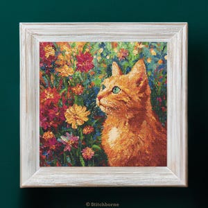 Orange Cat and Flowers Cross Stitch Pattern PDF Download Cute Ginger Cat Cross Stitch Patterns Cat Full Coverage Cross Stitch Pattern