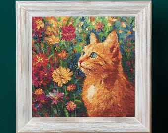 Orange Cat and Flowers Cross Stitch Pattern PDF Download Cute Ginger Cat Cross Stitch Patterns Cat Full Coverage Cross Stitch Pattern