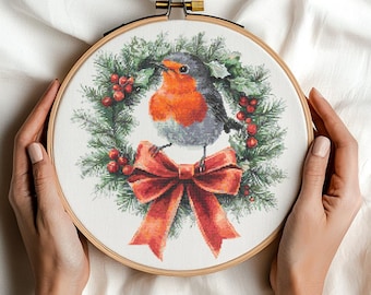 Robin in Christmas Wreath Cross Stitch Pattern PDF Download Printable Christmas Robin Cross Stitch Patterns Christmas bird Cross Stitch