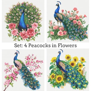 May include: Set of four cross-stitch patterns featuring peacocks with vibrant blue and green plumage, surrounded by colorful flowers. The text "Set: 4 Peacocks in Flowers" is displayed below the images.