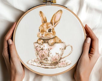 Adorable Rabbit Cross Stitch Pattern PDF Download Easter Bunny Cross Stitch Patterns Rabbit in Teacup Cross Stitch Pattern Spring Patterns