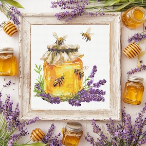 Lavender Honey Cross Stitch Pattern PDF Download Printable Vintage Honey Embroidery Honey Jar Cross Stitch Pattern Honey and Flowers Pattern