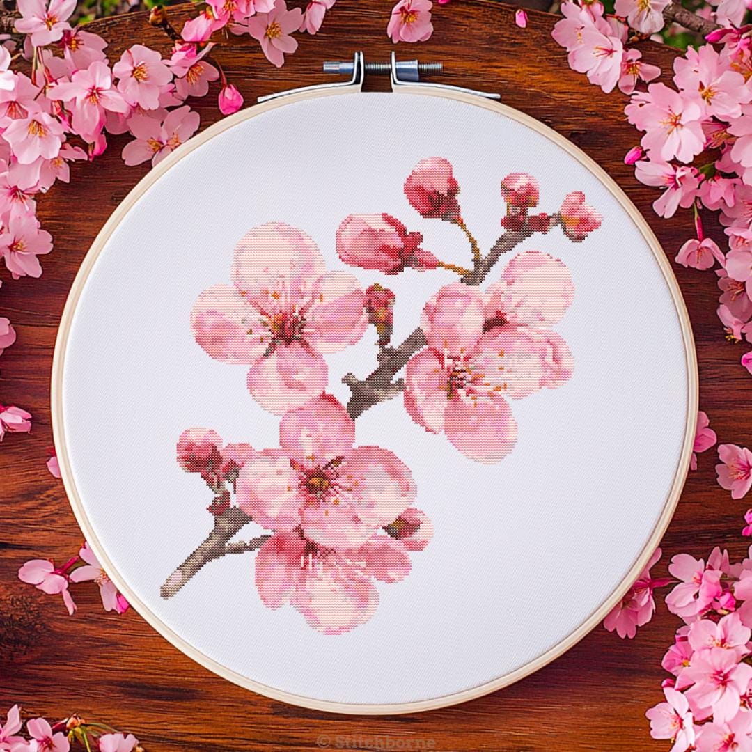 Cherry Blossom Branch Cross Stitch Pattern, Pink Sakura Flowers, PDF ...