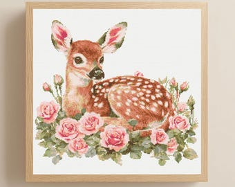 Fawn in Roses Cross Stitch Pattern PDF Download Woodland Animals Cross Stitch Patterns Fawn Cross Stitch Pattern Baby Deer Cross Stitch