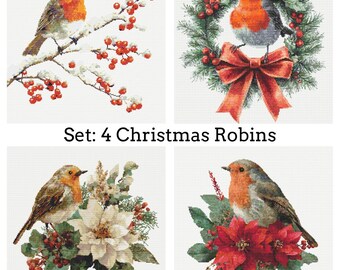 4 Christmas Robins Cross Stitch Patterns PDF Download Cute Christmas Robin Cross Stitch Pattern Christmas Bird Christmas Animals Pattern