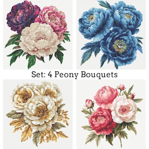 May include: Four cross-stitch peony bouquets in various colors: purple, pink, white, and blue. Each bouquet is displayed on a white background. The text "Set: 4 Peony Bouquets" is below the images.