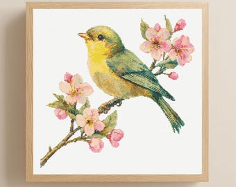 Vogel en bloesems kruissteekpatroon PDF download vogels borduurwerk lente vogels kruissteekpatronen