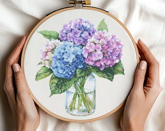 Hydrangeas in Vase Cross Stitch Pattern PDF Download Hydrangea Cross Stitch Patterns Flowers Cross Stitch Pattern Floral Patterns Bouquet