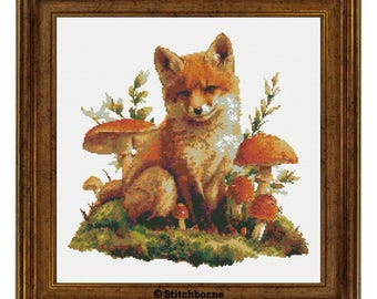Fox and Mushrooms Cross Stitch Pattern PDF Download Printable Fall Woodland Animals Vintage Fox Embroidery Autumn Cross Stitch Patterns
