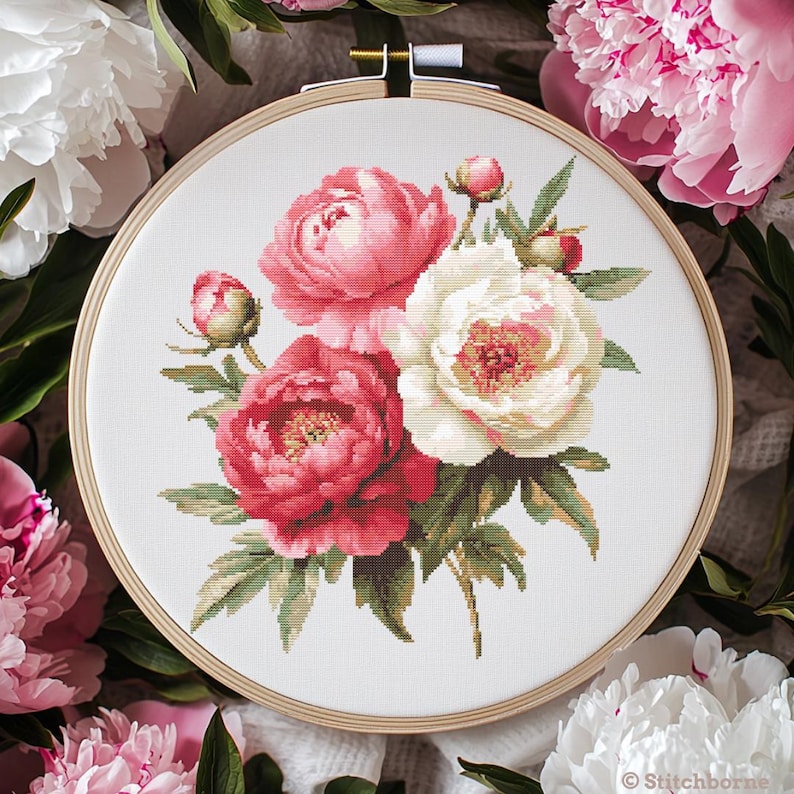 Peonies Cross Stitch Pattern PDF Download Printable Pink Flowers Romantic Vintage Embroidery Peonies Spring Flowers Xstitch Pattern Keeper image 3