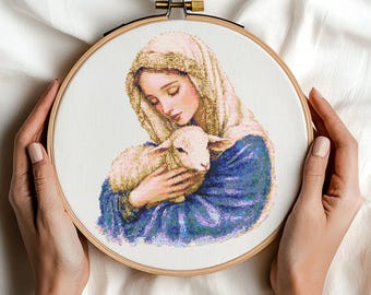 Virgin Mary with Lamb Cross Stitch Pattern PDF Download Printable Christian Cross Stitch Patterns Virgin Bible Quotes Religious Patterns