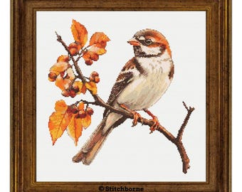 Autumn Sparrow Cross Stitch Pattern PDF Download Printable Sparrow in Autumn Cross Stitch Pattern Sparrow on Branch Cross Stitch Pattern
