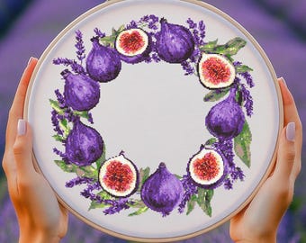 Figs and Lavender Wreath Cross Stitch Pattern PDF Download Printable Vintage Embroidery Figs Cross Stitch Patterns Floral Wreath Fruits