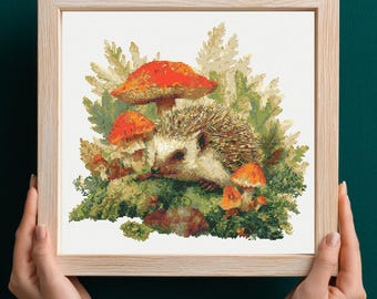 Hedgehog and Mushrooms Cross Stitch Pattern PDF Download Printable Vintage Hedgehog Embroidery Autumn Cross Stitch Patterns Woodland Animals