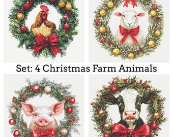 4 Christmas Farm Animals Cross Stitch Patterns, Festive Cow, Sheep, Rooster and Pig in Winter Wreath, PDF Digital Download