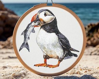 Puffin with Fish Cross Stitch Pattern PDF Download Printable Puffin Eating a Fish Cross Stitch Pattern Beautiful Puffin Cross Stitch Pattern