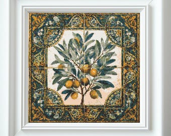 Mediterrane tegels met olijftak kruissteekpatroon pdf download afdrukbare vintage olijven borduurwerk fruit tegels kruissteekpatroon